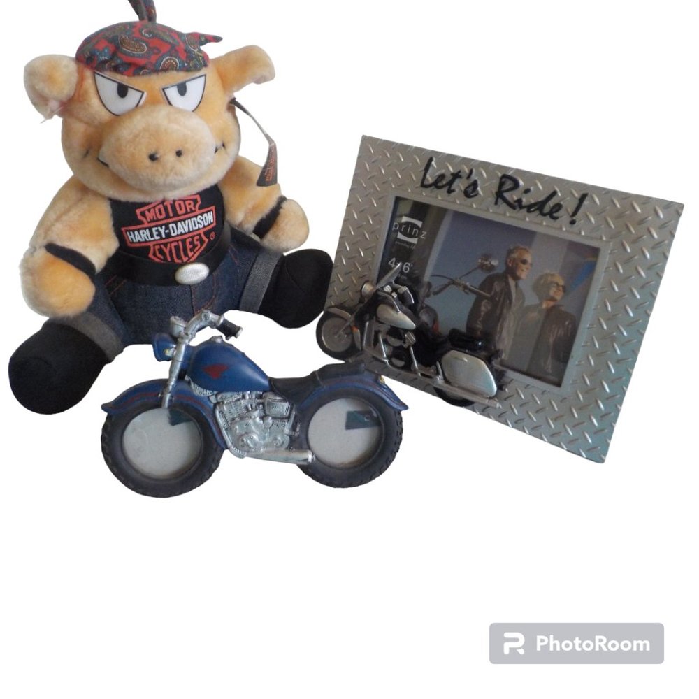 Vtg Harley-Davidson Stuffed Hog Let's Ride Photo Frame & 2 Pic Motorcycle Frame